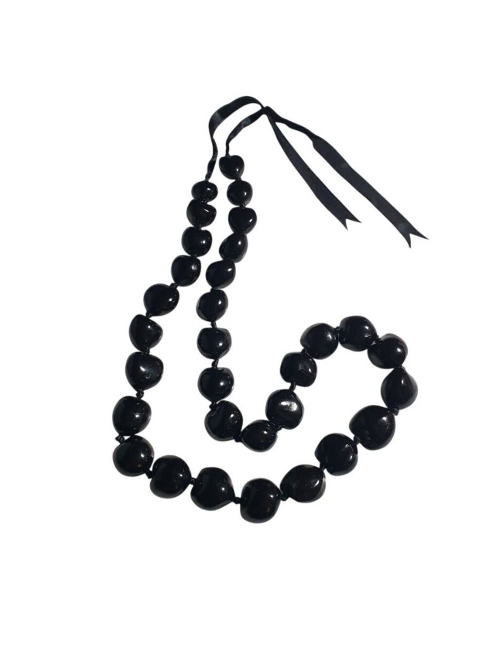 Black Beaded Kukui Nut Necklace Adjustable Satin Ribbon Tie Vintage Jewelry Gift